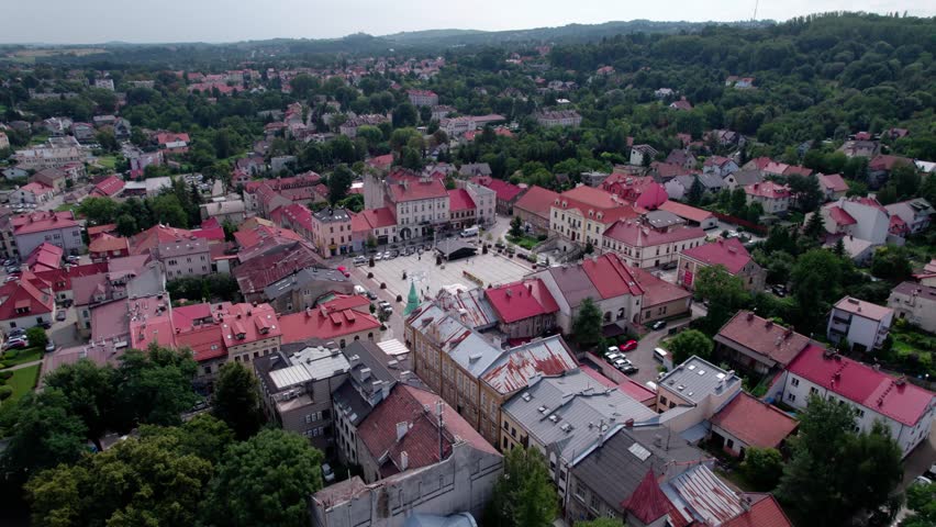 Wieliczka, Lesser Poland. Salt mine, graduation tower, railway station and other popular buildings and architecture on a sunny day in Wieliczka.