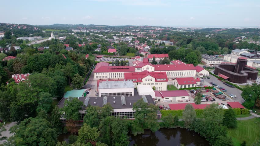 Wieliczka, Lesser Poland. Salt mine, graduation tower, railway station and other popular buildings and architecture on a sunny day in Wieliczka.