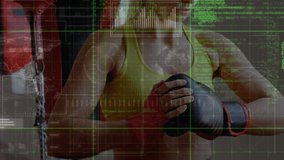 Animation of data processing over caucasian woman at gym. Global sport and digital interface concept digitally generated video.