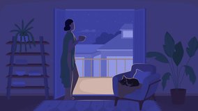 Animated 404 error cozy night loader. Woman drinking tea. Sleeping pet. Looped flat color 2D cartoon characters animation with nighttime on background. Loading progress 4K video with alpha channel