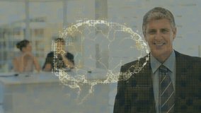 Animation of human brain icon spinning over caucasian senior businessman smiling at office. Medical research and business technology concept - Powered by Shutterstock - Get 15% off with code: PIKWIZARD15