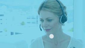 Animation of network of connections with icons over caucasian woman working in call center. Global business, connections and digital interface concept digitally generated video. - Powered by Shutterstock - Get 15% off with code: PIKWIZARD15