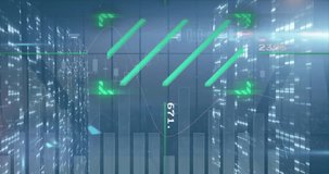 Animation of financial data processing and moving columns over cityscape. Global business, finances and digital interface concept digitally generated video. - Powered by Shutterstock - Get 15% off with code: PIKWIZARD15