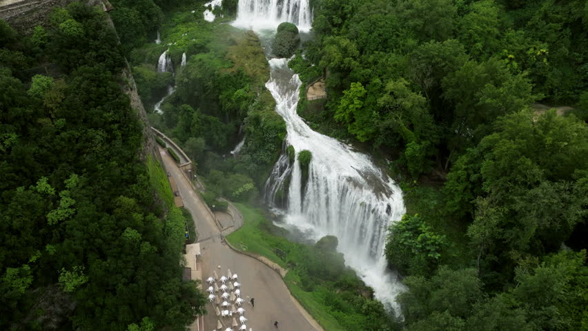 Approaching On Cascata Delle Marmore - Marmore Falls In Umbria, Italy. Aerial Drone Shot