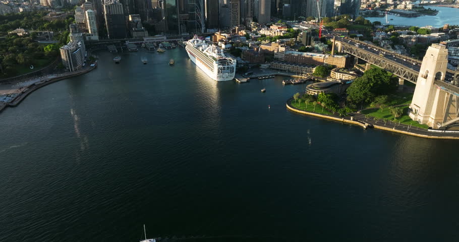 Cruise Ship At Overseas Passenger Terminal With Sydney Skyline In Australia. - aeria