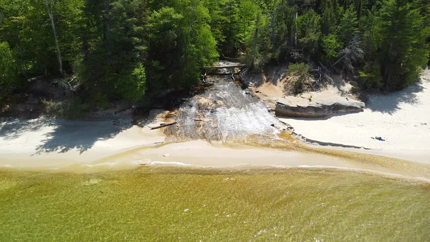 Aerial of Waterfall into Lake Huron, Chapel Beach Falls