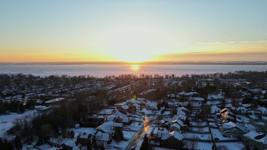 Golden hour by the Great Lakes during winter time and sunset