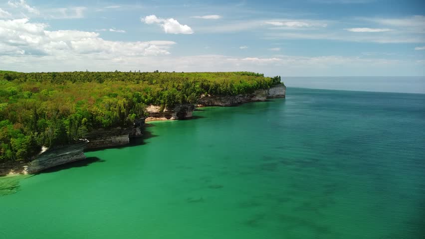 Aerial Coast of Sandstone Rock Cliffs, Battleship Row, Pictured Rocks National Lakeshore, Munising, Michigan