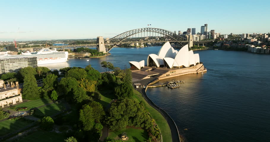 Panorama Of Opera House And Sydney Harbour Bridge In Sydney, New South Wales, Australia. Aerial Drone Shot | Shutterstock HD Video #1099478419