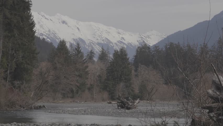 The Elwha river flows calmly below the high mountain peaks of the Olympic Peninsula. Shot in 4K