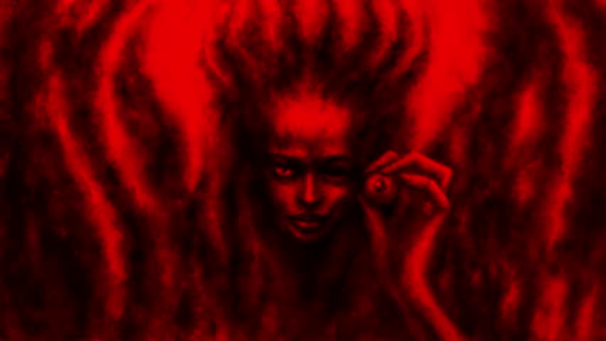 Evil witch demon holds her eye in hand 2D animation. Horror fantasy genre. Halloween dark ghost. Spooky visions of hell. Scary character from nightmares. Gloomy video clip. Black and red background. | Shutterstock HD Video #1099479799