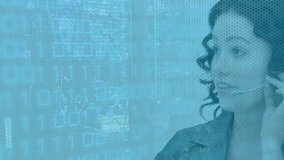 Animation of data processing over caucasian woman using phone headset working in call center. Global communication, computing and digital interface concept digitally generated video. - Powered by Shutterstock - Get 15% off with code: PIKWIZARD15