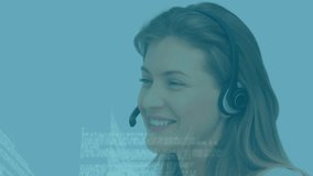 Animation of data processing over caucasian woman using phone headset working in call center. Global communication, computing and digital interface concept digitally generated video. - Powered by Shutterstock - Get 15% off with code: PIKWIZARD15