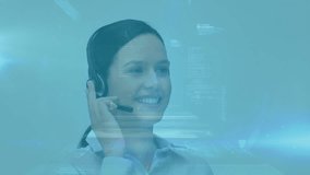 Animation of data processing over caucasian woman using phone headset working in call center. Global communication, computing and digital interface concept digitally generated video.