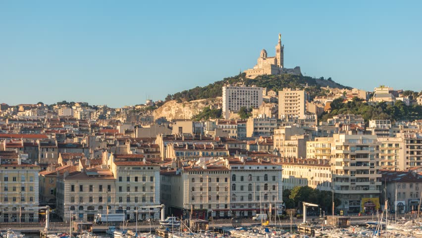 Marseille France time lapse 4K, city skyline timelapse at Basilique Notre-Dame de la Garde
