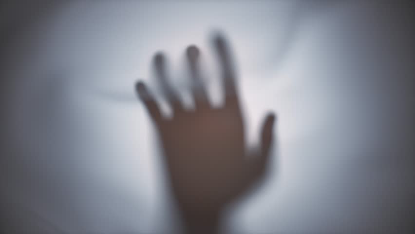 Abstract silhouette of a hand on a white background behind a silk fabric or white liquid. Looped 3d animation. Royalty-Free Stock Footage #1099481327