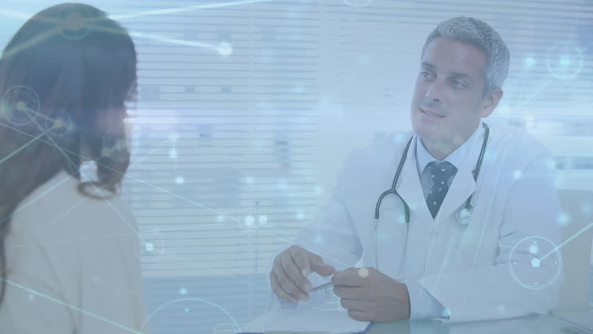 Animation of network of connections over male doctor with female patient. Global medicine, networks, computing and data processing concept digitally generated video.