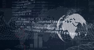 Animation of globe, world map and data processing. Global business, finances, computing and data processing concept digitally generated video. - Powered by Shutterstock - Get 15% off with code: PIKWIZARD15