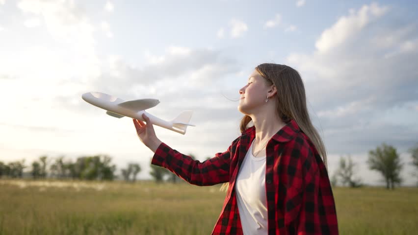 Holiday. Happy little girl travels with a toy plane in summer in park. Children imagination dream of freedom. Child aviator plays as an airplane pilot. Girl runs with toy airplane. Activity in nature
