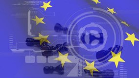 Animation of data processing over eu flag. Global business, patriotism and digital interface concept digitally generated video.
