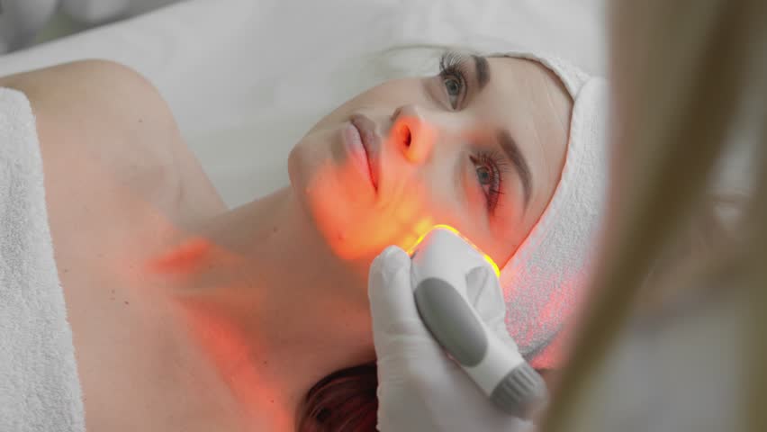 Red LED treatment. Woman doing facial skin therapy. Radiofrequency face lifting. Hardware antiaging procedure. RF lifting and vacuum massage. A cosmetologist performs a cosmetology procedure Royalty-Free Stock Footage #1099488515