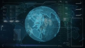 Animation of data processing over globe. Global business and digital interface concept digitally generated video.