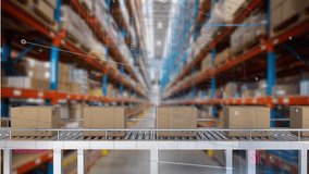 Animation of interface with data processing over delivery boxes on conveyer belt against warehouse. Logistics and transportation business technology concept - Powered by Shutterstock - Get 15% off with code: PIKWIZARD15