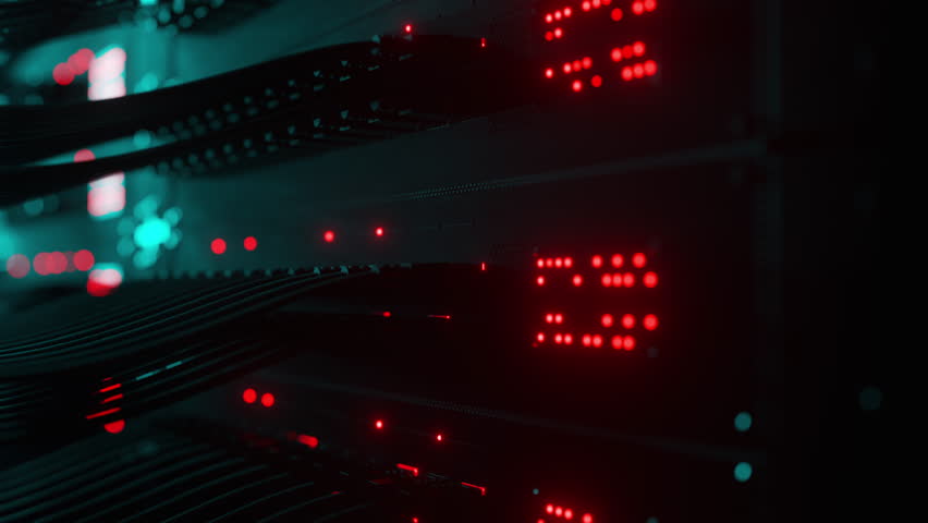Close-up view of modern internet network switch with plugged ethernet cables. Blinking lights on internet server. Concept of big data center mining. Cloud computing and telecommunications Royalty-Free Stock Footage #1099495813