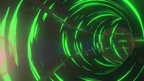Animation of glowing light over abstract green neon tunnel. Light, movement and pattern concept digitally generated video.