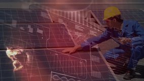 Animation of data processing over caucasian male engineer checking solar panels installed on terrace. Renewable energy and business technology concept - Powered by Shutterstock - Get 15% off with code: PIKWIZARD15