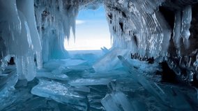 Frozen winter lake Baikal, Siberia, Russia. Ice icicles and blocks in the rocks, grottoes and caves at dawn. Natural background of cold ice. Winter abstract background. High quality 4k footage - Powered by Shutterstock - Get 15% off with code: PIKWIZARD15