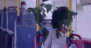 Animation of data processing over african american woman wearing face mask and sitting in bus. Global pandemic, communication and digital interface concept digitally generated video.