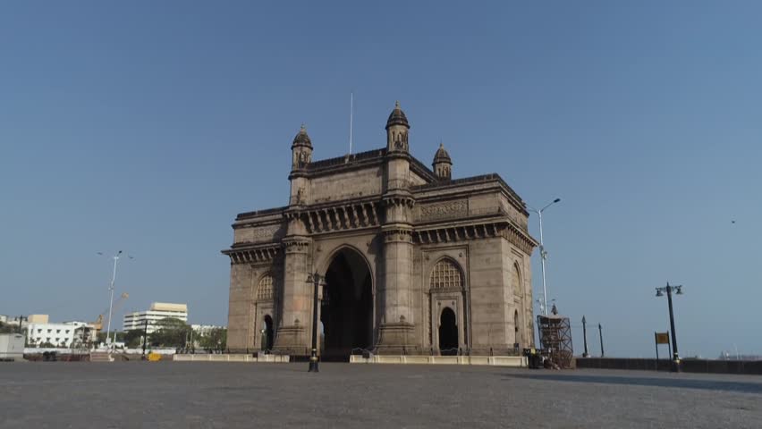 Aerial shot of the Gateway of India in Mumbai during Covid-19 Lockdown in India  Royalty-Free Stock Footage #1099502745