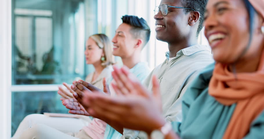 Applause, business people and crowd in conference, workshop and motivation in convention room. Happy workers clapping hands, and seminar of success, goals and team inspiration in presentation meeting