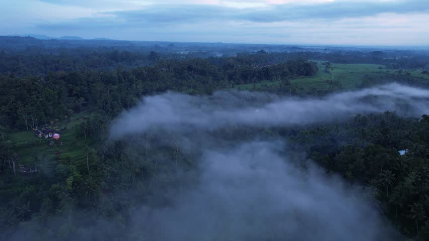 White clouds formed by condensation from moisture of wet forest leafage after rain, white stripe winding low over tropical ravine. Aerial shot of central Bali in dusk, village buildings seen down | Shutterstock HD Video #1099504323