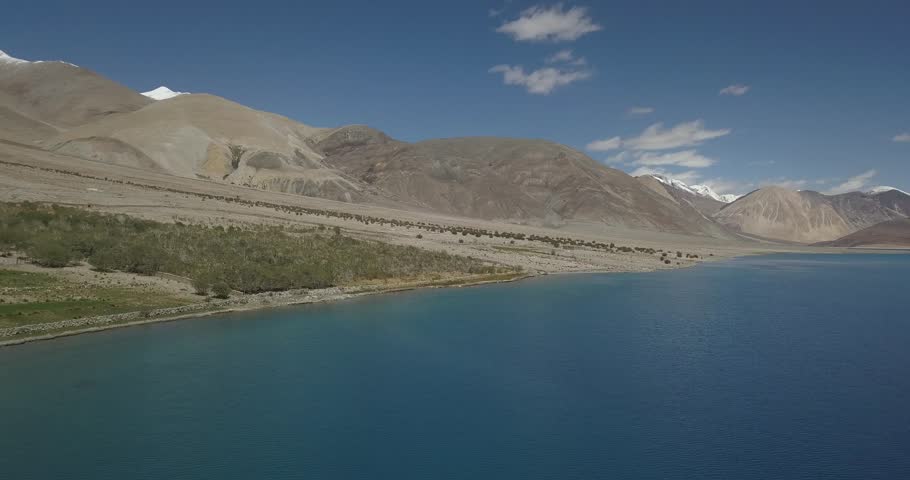 An aerial shot of the Pangong Lake in the daytime at Leh Ladakh,India
