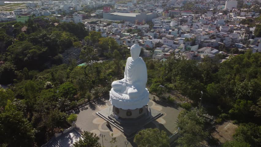 Aerial view of giant white Buddha statue at Hai Duc Pagoda in Nha Trang, Khanh Hoa province of Vietnam. Nha Trang is a popular tourist destination of Asia.