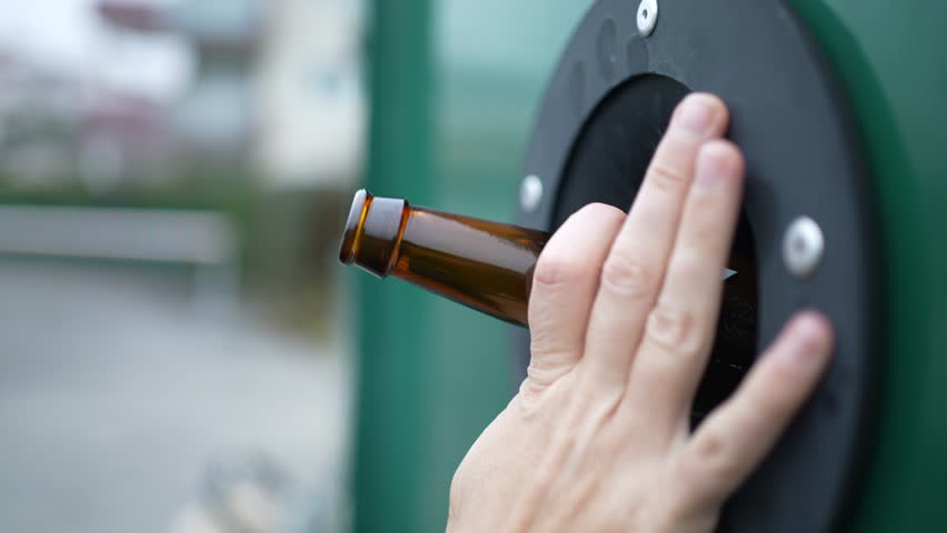 Closeup hand inserting glass bottle into dispenser. Recycling concept | Shutterstock HD Video #1099511459
