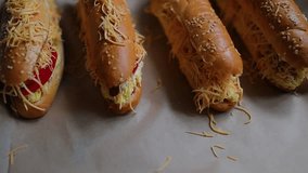 homemade hot dogs, close-up. homemade hot dogs close up, horizontal video
