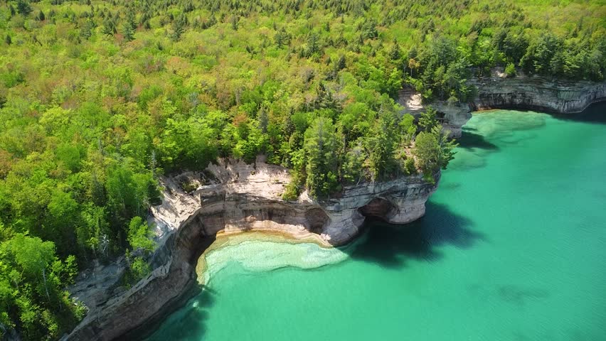Beautiful Sandstone Rock Cliffs in Summer, Drone Descent, Pictured Rocks National Lakeshore