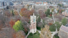 Beaumont Tower at Michigan State University with drone video circling.