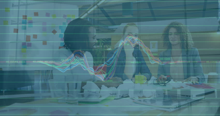 Animation of data processing over diverse stressed colleagues discussing together at office. Business data technology concept | Shutterstock HD Video #1099516745