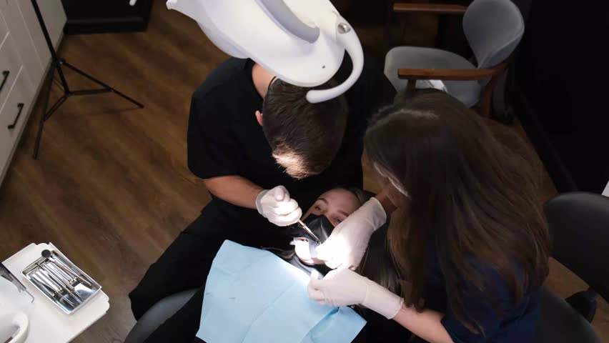 Dental treatment process. Male dentist and assistant treat teeth using modern methods.  | Shutterstock HD Video #1099518949