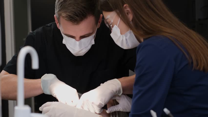 The dentist holds the tools in his hands and examines the teeth with the help of an assistant.  | Shutterstock HD Video #1099518973