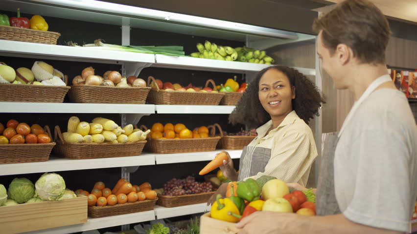 Portrait of people working, shopping in a supermarket or retail minimart shop and food on grocery products. Food shopping. People lifestyle. Business service. | Shutterstock HD Video #1099523529