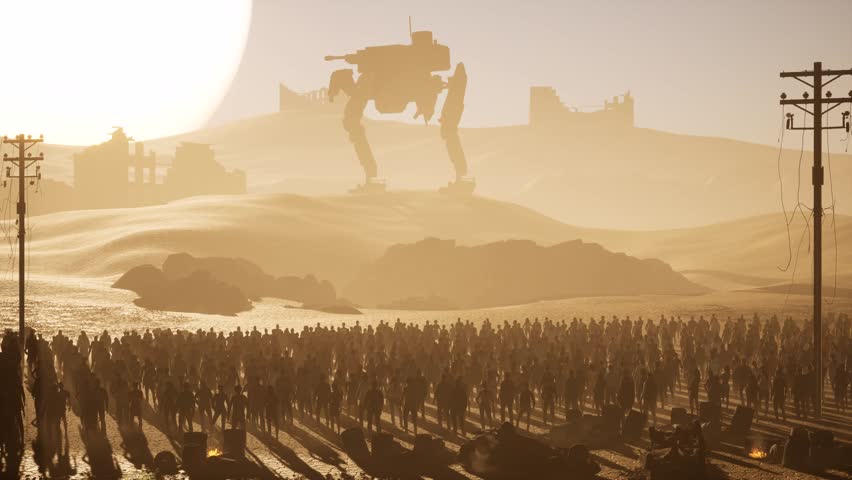 A huge Mech Robot standing in the desert in front of a large sun, with crowd looking at it, destroyed buildings and debris all over, dystopian scenery, 3D animation camera dolly up slowly.