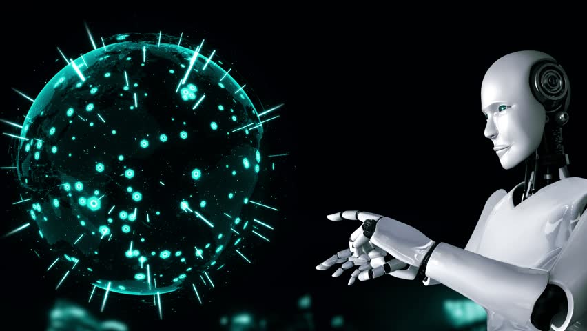 AI hominoid robot touching virtual hologram screen showing concept of big data analytic using artificial intelligence thinking by machine learning process. 3D rendering. | Shutterstock HD Video #1099526077