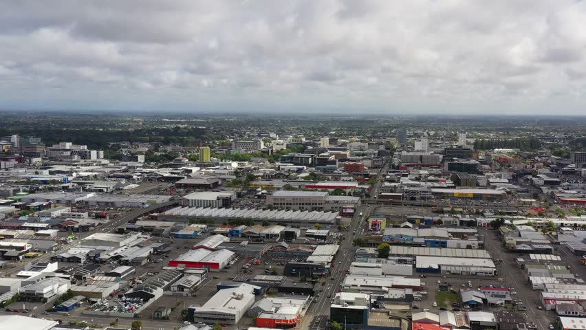 Greater Christchurch city of New Zealand – aerial fly over streets roads 4k.
