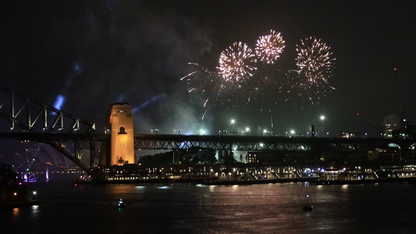 Sydney city major architecture landmarks under Australia day fireworks 4k.
