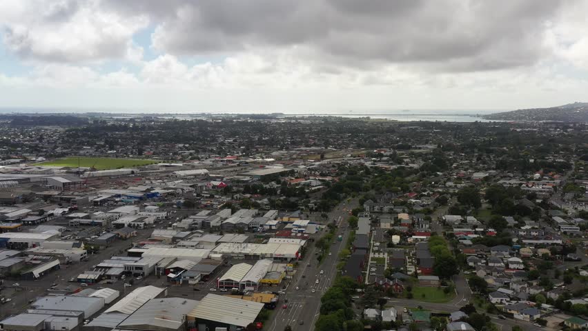 Wide aerial panorama over Christchurch city downtown from Sydham 4k.
